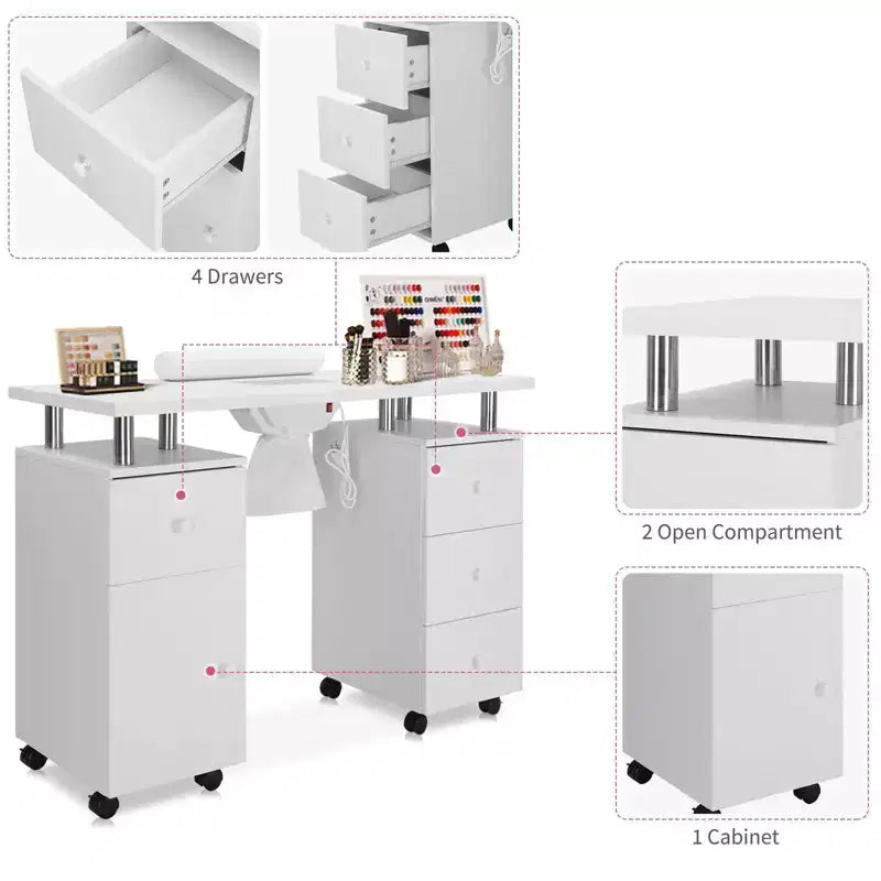 Tavolo da Manicure Bianco da 42,5" per Salone con 3 Cassetti – Postazione per Unghie in MDF per Casa o Salone