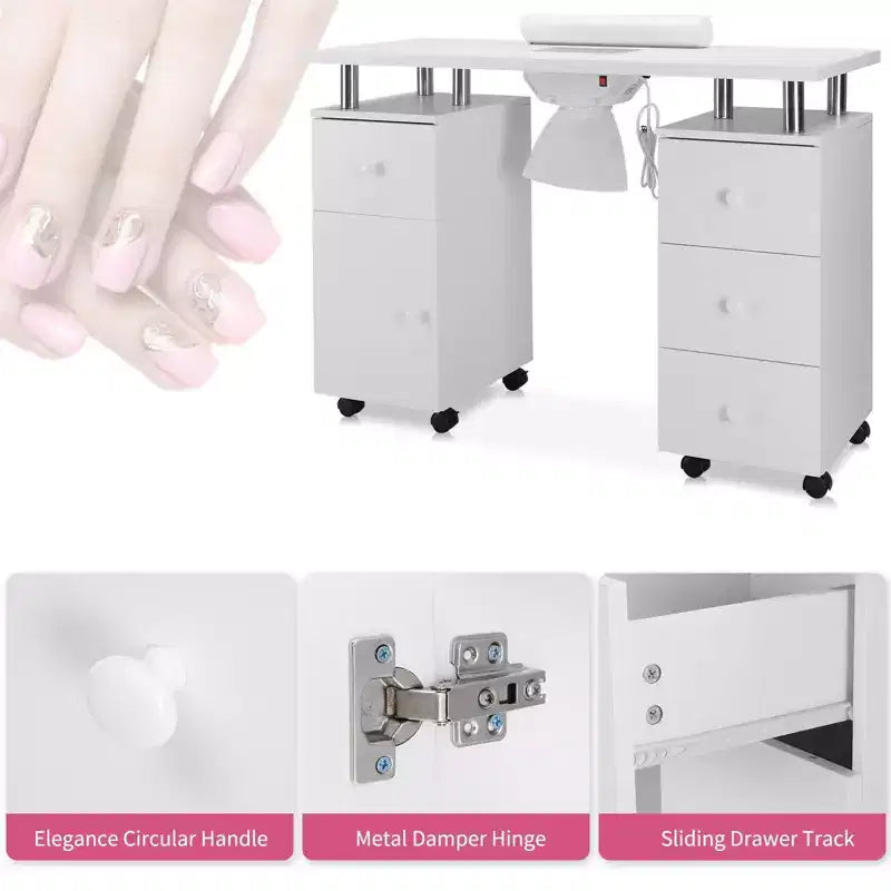 Tavolo da Manicure Bianco da 42,5" per Salone con 3 Cassetti – Postazione per Unghie in MDF per Casa o Salone