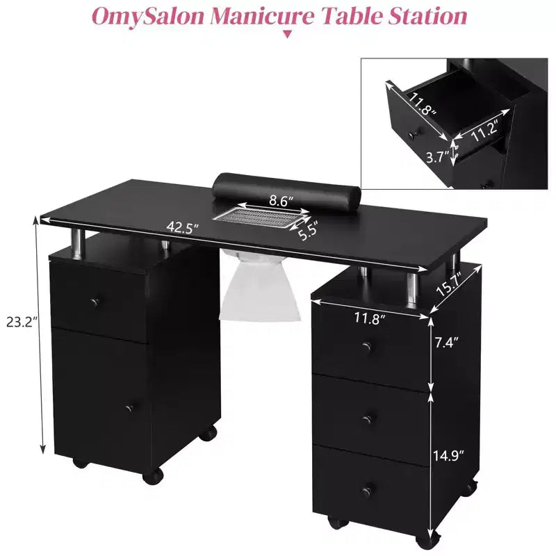 Tavolo da Manicure Bianco da 42,5" per Salone con 3 Cassetti – Postazione per Unghie in MDF per Casa o Salone