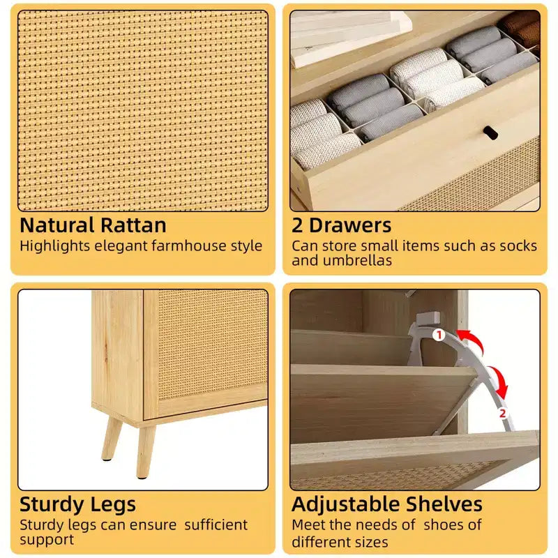 Scarpiera in rattan con 4 ante a ribalta | Contiene 24 paia, design sottile per ingresso
