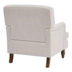 Poltrona in misto lino con braccioli arrotolati e gambe tornite in legno massello