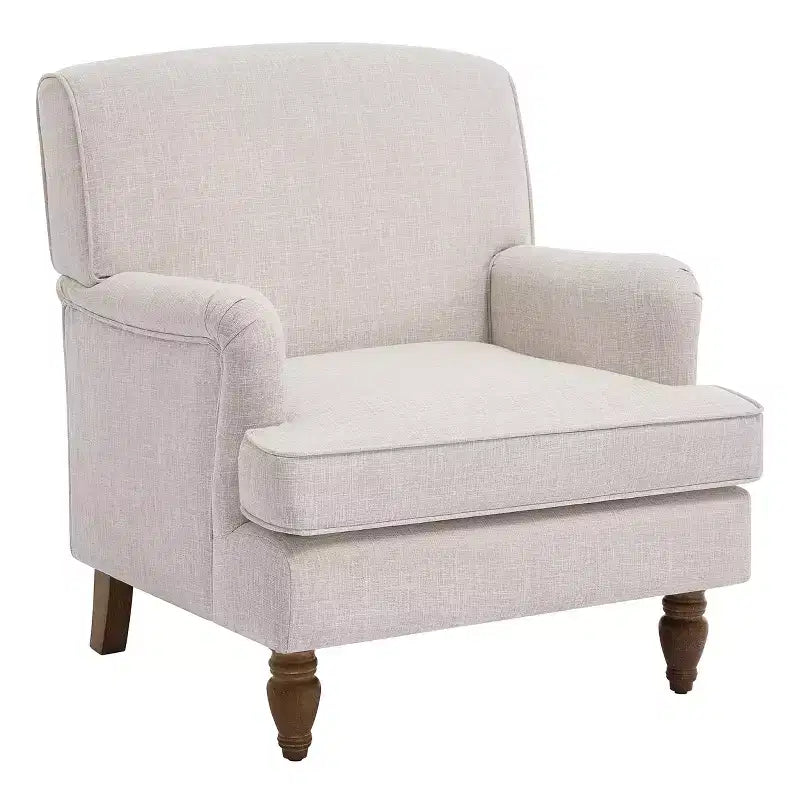 Poltrona in misto lino con braccioli arrotolati e gambe tornite in legno massello