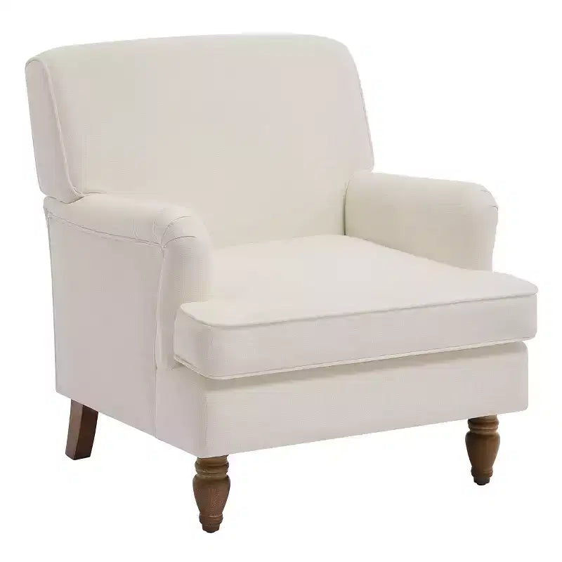 Poltrona in misto lino con braccioli arrotolati e gambe tornite in legno massello