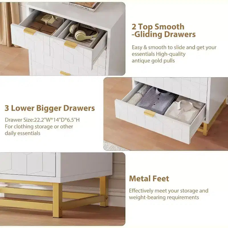 Cassettiera a 5 cassetti per camera da letto, Comò con base in metallo, Cassettiera moderna per soggiorno, corridoio, armadio