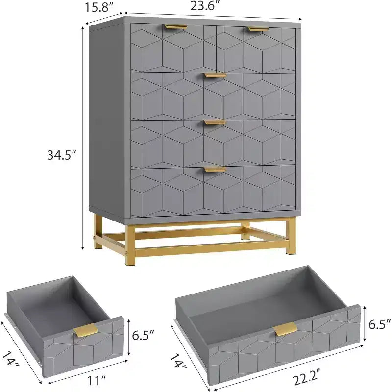 Cassettiera a 5 cassetti per camera da letto, Comò con base in metallo, Cassettiera moderna per soggiorno, corridoio, armadio