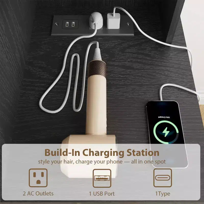 Moderna Toeletta con Specchio Scorrevole, Luci LED a 3 Colori, Stazione di Ricarica e Sgabello Imbottito