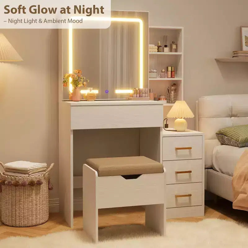 Moderna Toeletta con Specchio Scorrevole, Luci LED a 3 Colori, Stazione di Ricarica e Sgabello Imbottito