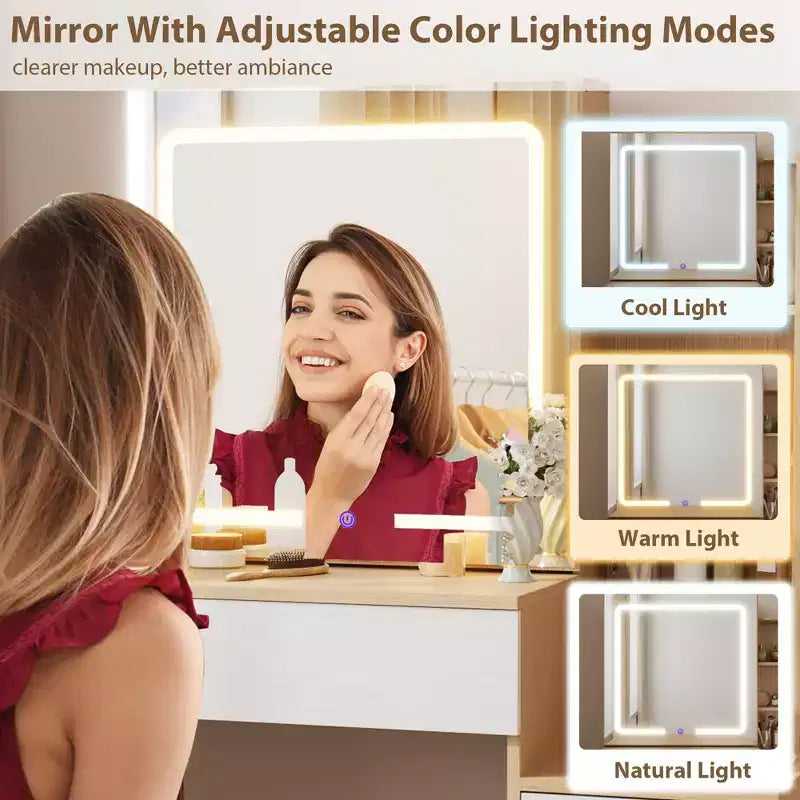 Moderna Toeletta con Specchio Scorrevole, Luci LED a 3 Colori, Stazione di Ricarica e Sgabello Imbottito