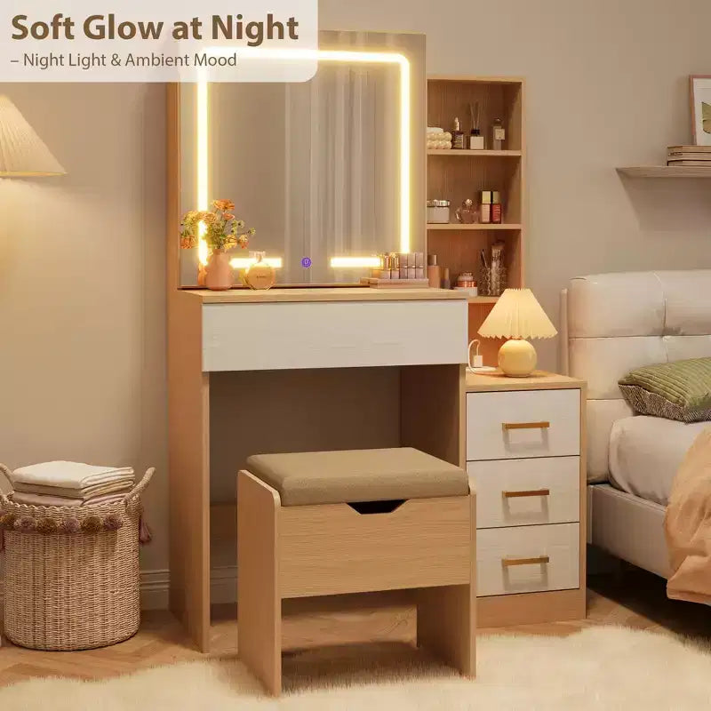 Moderna Toeletta con Specchio Scorrevole, Luci LED a 3 Colori, Stazione di Ricarica e Sgabello Imbottito