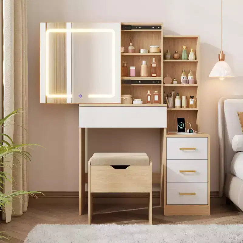GustoWave Modern Vanity Desk Sliding Mirror 3-Color LED Lights Charging Station 4 Drawers 7 Shelves Cushioned Stool