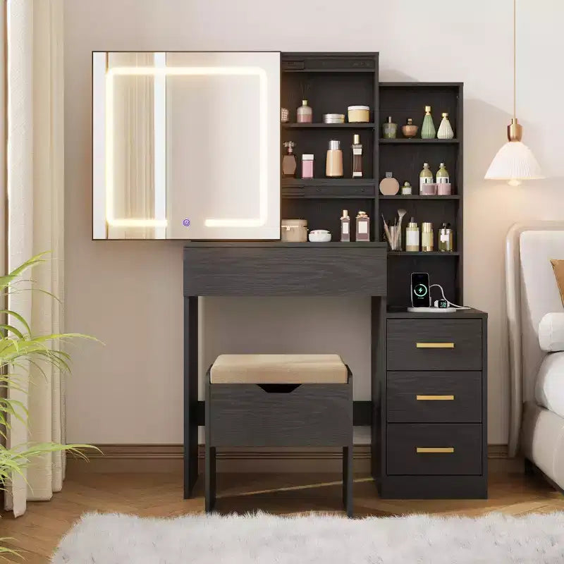 Moderna Toeletta con Specchio Scorrevole, Luci LED a 3 Colori, Stazione di Ricarica e Sgabello Imbottito