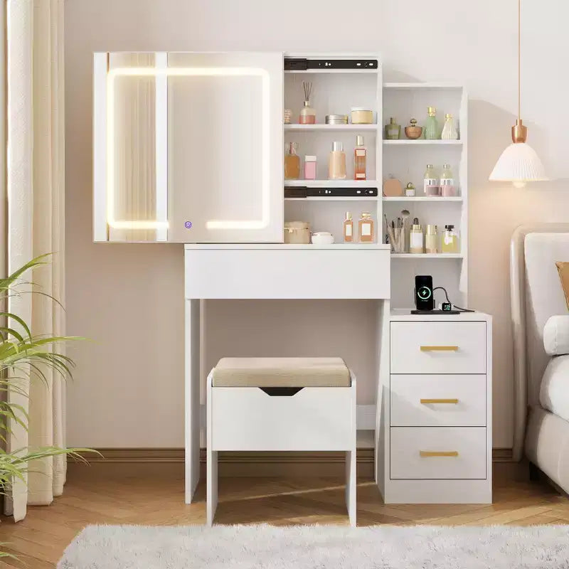 Moderna Toeletta con Specchio Scorrevole, Luci LED a 3 Colori, Stazione di Ricarica e Sgabello Imbottito