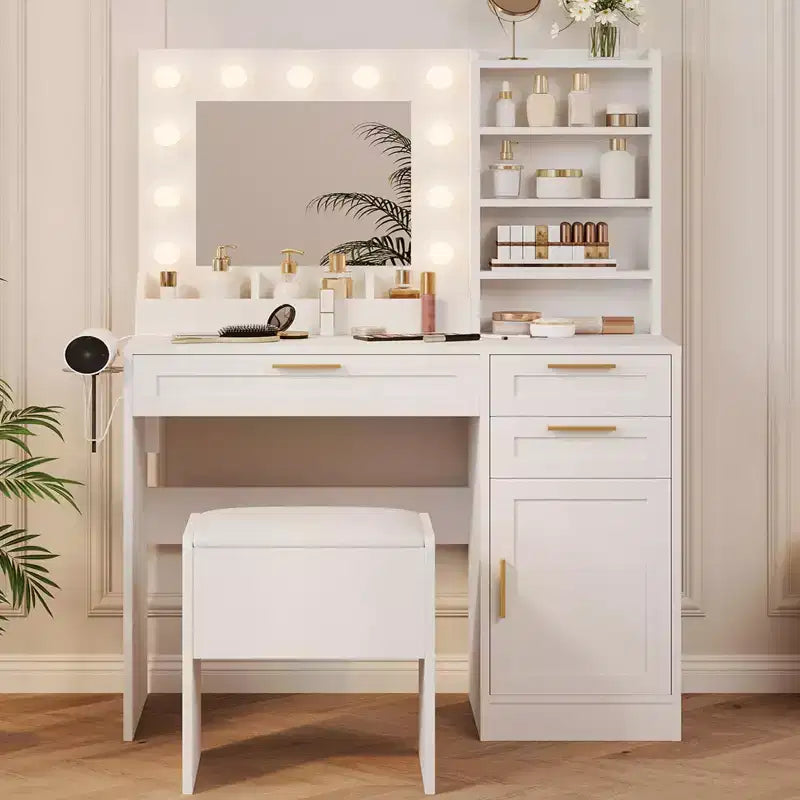 GustoWave Vanity Desk with Mirror and Lights, Makeup Vanity, Makeup Vanity Desk with Stool, 3 Color Adjustable Brightness,Power Outlets,Dressing Table