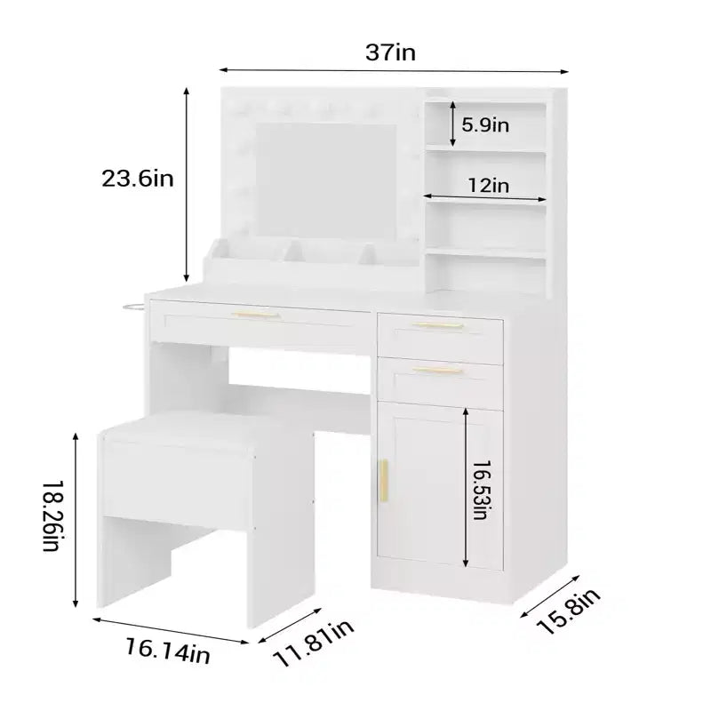 Toeletta con Specchio Illuminato, Sgabello Imbottito e Contenitore – LED a 3 Colori, Prese di Corrente, Bianco