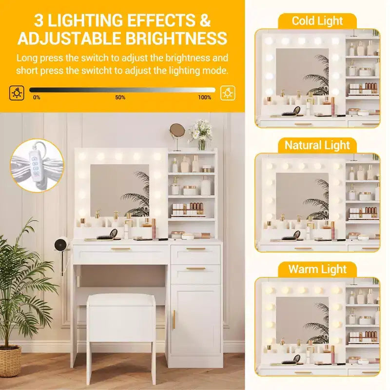 Toeletta con Specchio Illuminato, Sgabello Imbottito e Contenitore – LED a 3 Colori, Prese di Corrente, Bianco