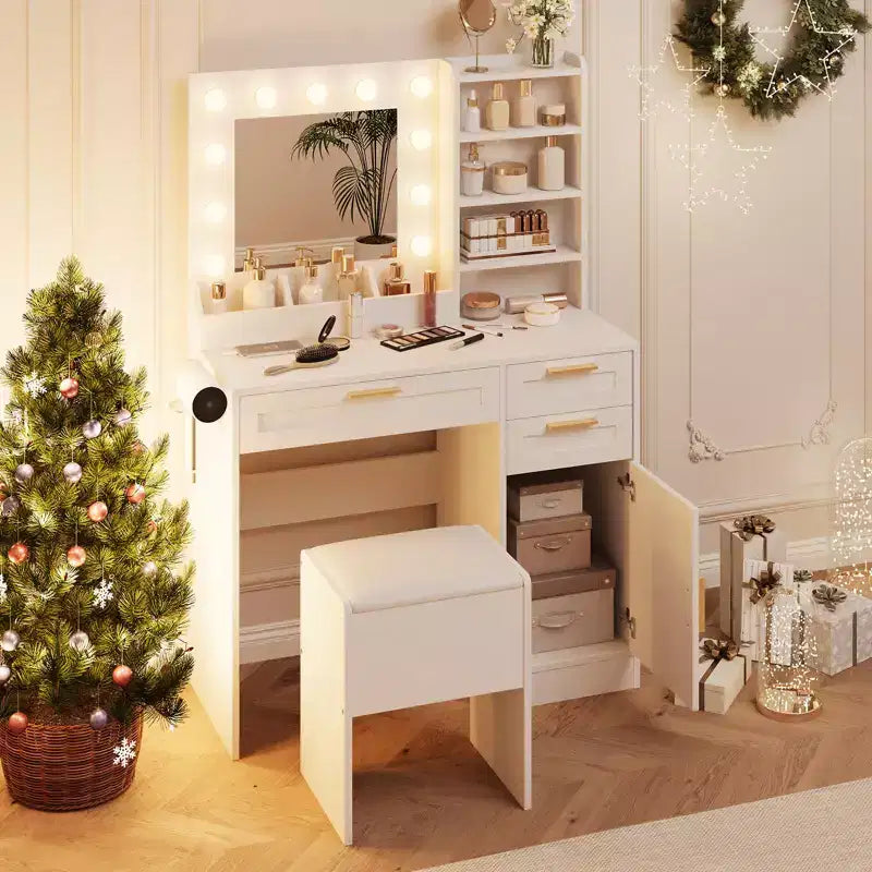 Toeletta con Specchio Illuminato, Sgabello Imbottito e Contenitore – LED a 3 Colori, Prese di Corrente, Bianco