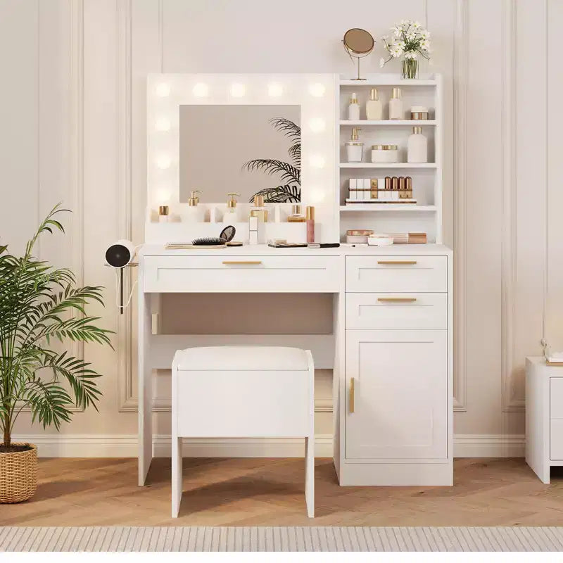 Toeletta con Specchio Illuminato, Sgabello Imbottito e Contenitore – LED a 3 Colori, Prese di Corrente, Bianco