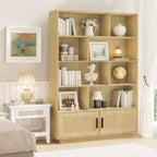 Libreria a 5 ripiani in stile rattan con mobiletto – Scaffale espositivo Boho con struttura in metallo, capacità di 20 kg per ripiano