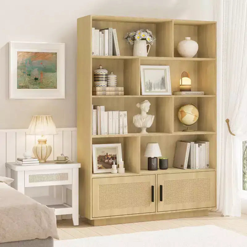 Libreria a 5 ripiani in stile rattan con mobiletto – Scaffale espositivo Boho con struttura in metallo, capacità di 20 kg per ripiano
