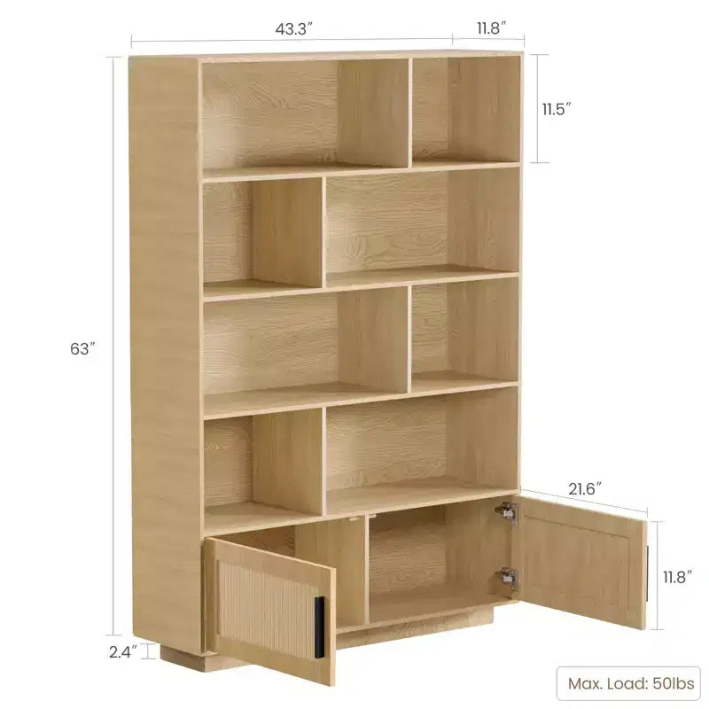 Libreria a 5 ripiani in stile rattan con mobiletto – Scaffale espositivo Boho con struttura in metallo, capacità di 20 kg per ripiano