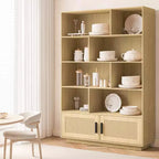 Libreria a 5 ripiani in stile rattan con mobiletto – Scaffale espositivo Boho con struttura in metallo, capacità di 20 kg per ripiano