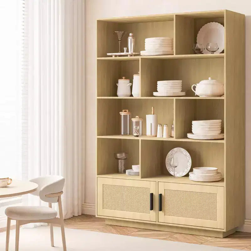 Libreria a 5 ripiani in stile rattan con mobiletto – Scaffale espositivo Boho con struttura in metallo, capacità di 20 kg per ripiano