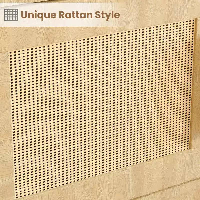 Libreria a 5 ripiani in stile rattan con mobiletto – Scaffale espositivo Boho con struttura in metallo, capacità di 20 kg per ripiano