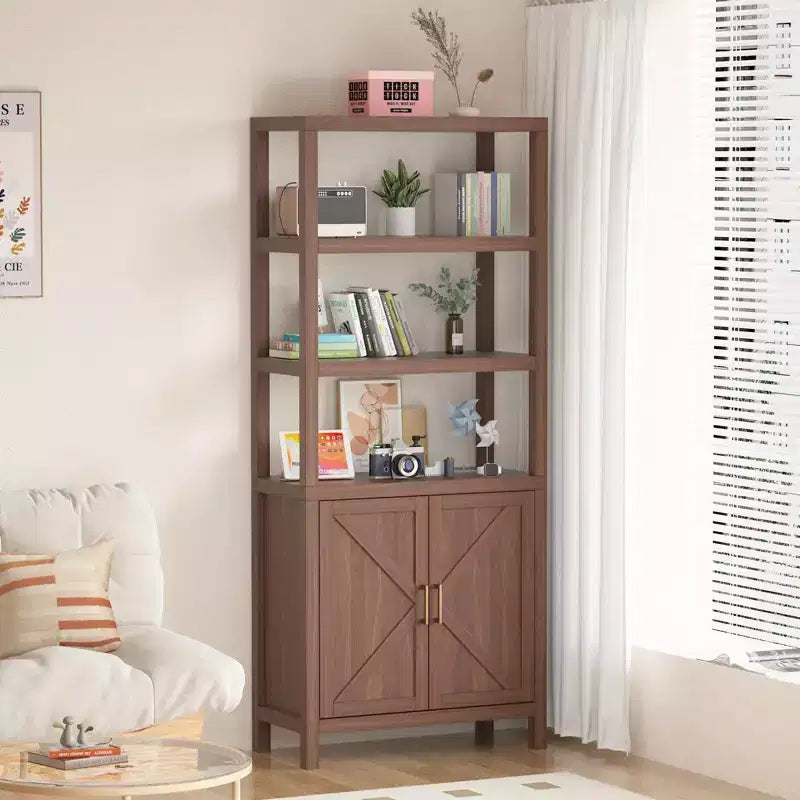 Libreria a 5 ripiani in stile rustico con ante a mobiletto, alta 180 cm – Ripiani regolabili, libreria color noce anticato per soggiorno e ufficio