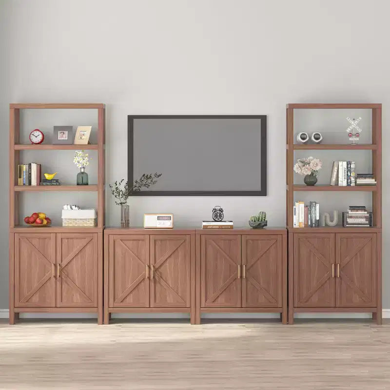 Libreria a 5 ripiani in stile rustico con ante a mobiletto, alta 180 cm – Ripiani regolabili, libreria color noce anticato per soggiorno e ufficio