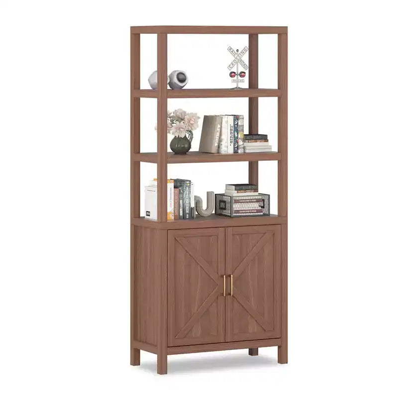 Libreria a 5 ripiani in stile rustico con ante a mobiletto, alta 180 cm – Ripiani regolabili, libreria color noce anticato per soggiorno e ufficio