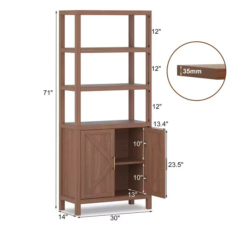 Libreria a 5 ripiani in stile rustico con ante a mobiletto, alta 180 cm – Ripiani regolabili, libreria color noce anticato per soggiorno e ufficio