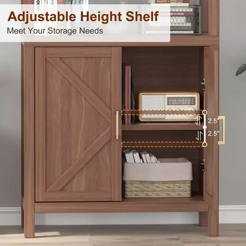 Libreria a 5 ripiani in stile rustico con ante a mobiletto, alta 180 cm – Ripiani regolabili, libreria color noce anticato per soggiorno e ufficio