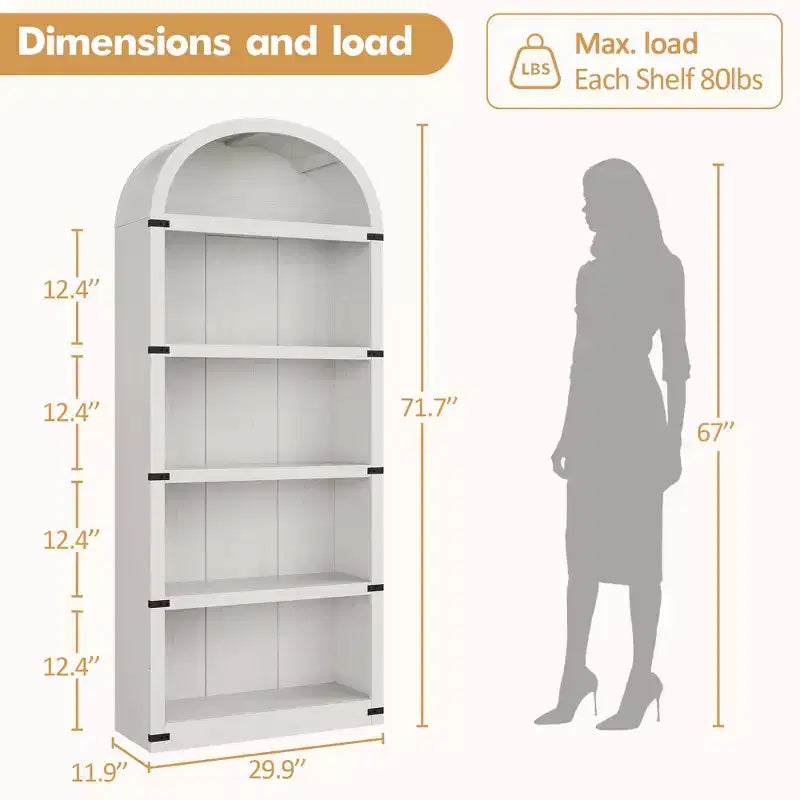 Libreria ad arco stile rustico da 182 cm con 5 ripiani – Scaffale alto effetto legno con dettagli in metallo per ufficio e soggiorno