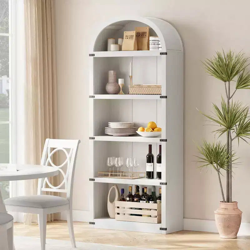 Libreria ad arco stile rustico da 182 cm con 5 ripiani – Scaffale alto effetto legno con dettagli in metallo per ufficio e soggiorno