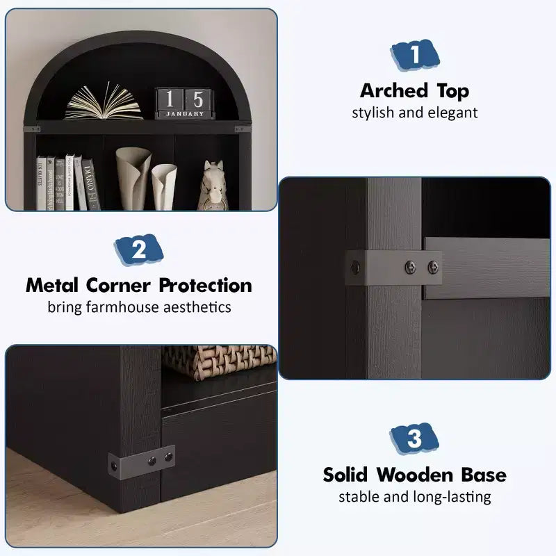 Libreria ad arco stile rustico da 182 cm con 5 ripiani – Scaffale alto effetto legno con dettagli in metallo per ufficio e soggiorno