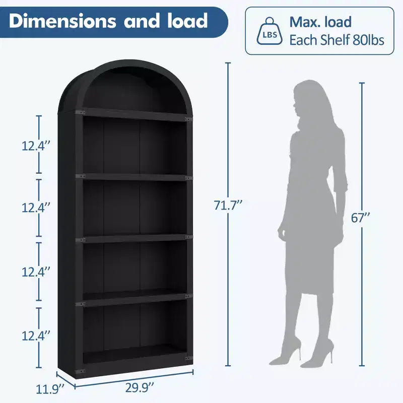 Libreria ad arco stile rustico da 182 cm con 5 ripiani – Scaffale alto effetto legno con dettagli in metallo per ufficio e soggiorno