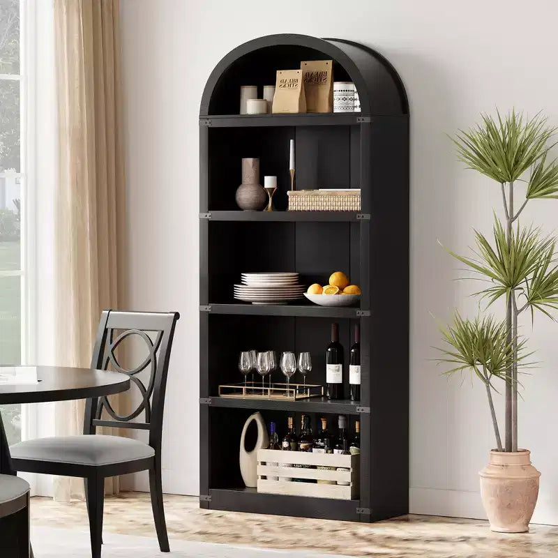 Libreria ad arco stile rustico da 182 cm con 5 ripiani – Scaffale alto effetto legno con dettagli in metallo per ufficio e soggiorno