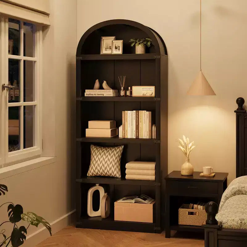 Libreria ad arco stile rustico da 182 cm con 5 ripiani – Scaffale alto effetto legno con dettagli in metallo per ufficio e soggiorno