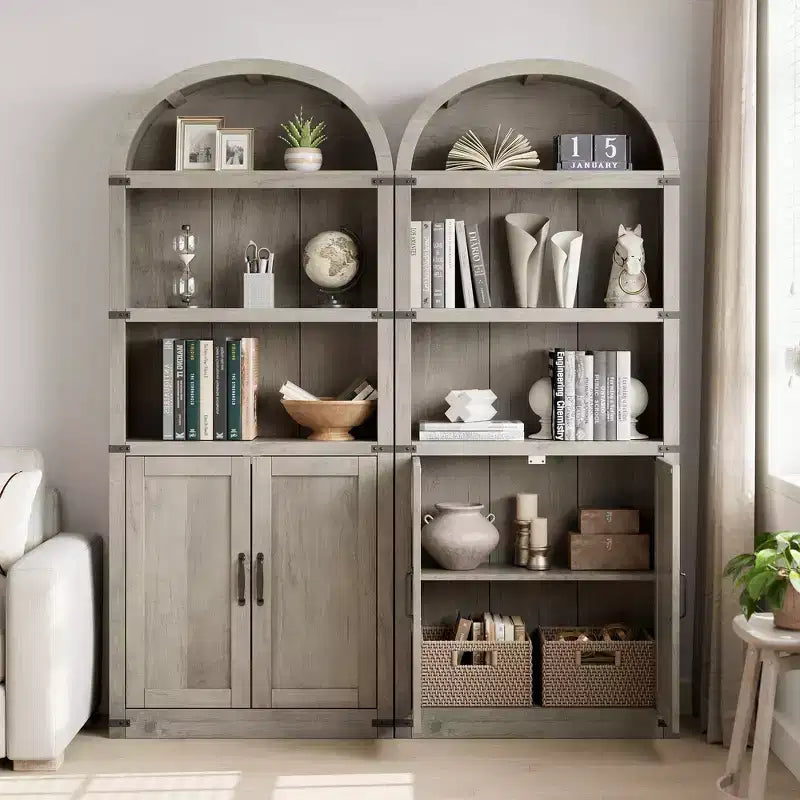 Libreria ad arco stile rustico da 182 cm con 5 ripiani – Scaffale alto effetto legno con dettagli in metallo per ufficio e soggiorno