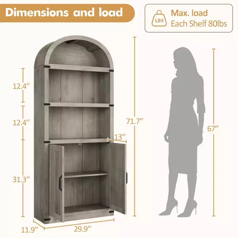Libreria ad arco stile rustico da 182 cm con 5 ripiani – Scaffale alto effetto legno con dettagli in metallo per ufficio e soggiorno