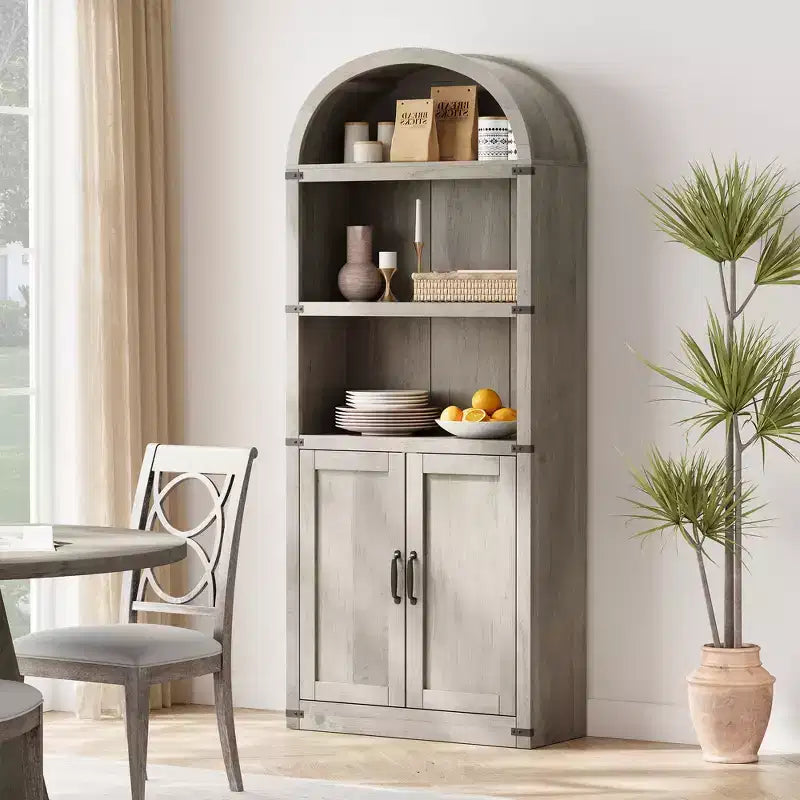 Libreria ad arco stile rustico da 182 cm con 5 ripiani – Scaffale alto effetto legno con dettagli in metallo per ufficio e soggiorno