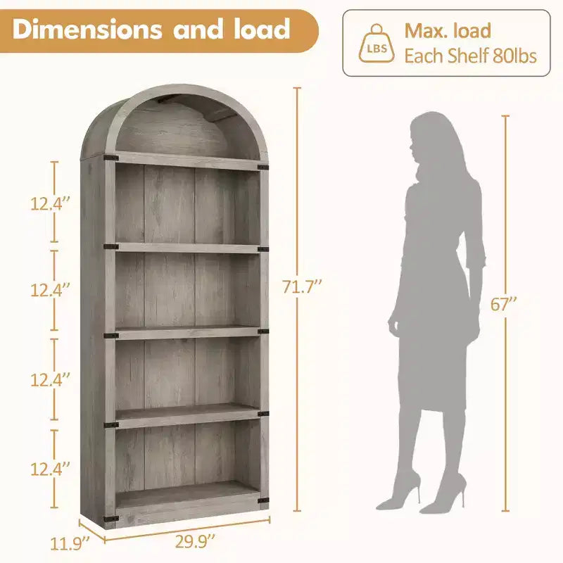 Libreria ad arco stile rustico da 182 cm con 5 ripiani – Scaffale alto effetto legno con dettagli in metallo per ufficio e soggiorno