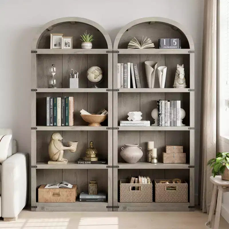 Libreria ad arco stile rustico da 182 cm con 5 ripiani – Scaffale alto effetto legno con dettagli in metallo per ufficio e soggiorno