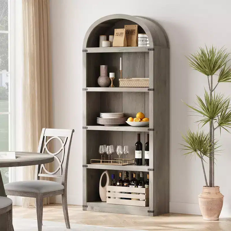 Libreria ad arco stile rustico da 182 cm con 5 ripiani – Scaffale alto effetto legno con dettagli in metallo per ufficio e soggiorno