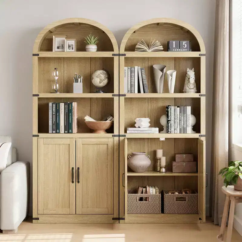 Libreria ad arco stile rustico da 182 cm con 5 ripiani – Scaffale alto effetto legno con dettagli in metallo per ufficio e soggiorno