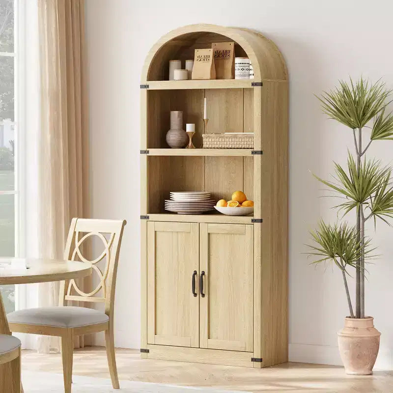 Libreria ad arco stile rustico da 182 cm con 5 ripiani – Scaffale alto effetto legno con dettagli in metallo per ufficio e soggiorno