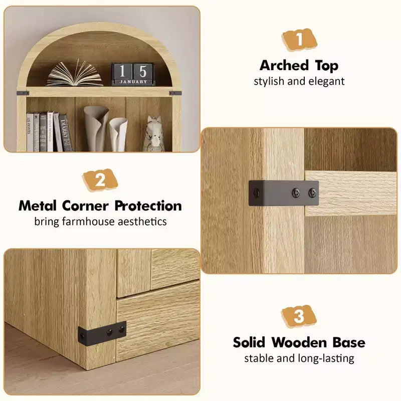 Libreria ad arco stile rustico da 182 cm con 5 ripiani – Scaffale alto effetto legno con dettagli in metallo per ufficio e soggiorno