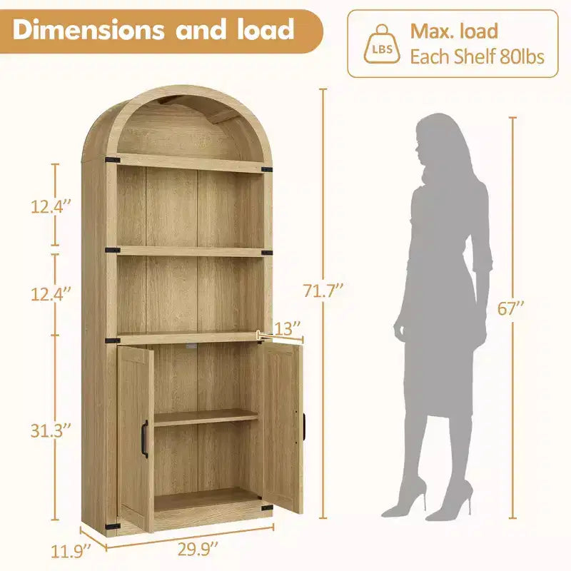 Libreria ad arco stile rustico da 182 cm con 5 ripiani – Scaffale alto effetto legno con dettagli in metallo per ufficio e soggiorno