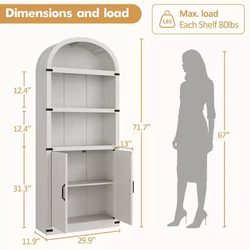 Libreria ad arco stile rustico da 182 cm con 5 ripiani – Scaffale alto effetto legno con dettagli in metallo per ufficio e soggiorno