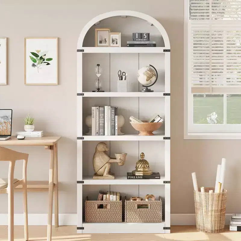 Libreria ad arco stile rustico da 182 cm con 5 ripiani – Scaffale alto effetto legno con dettagli in metallo per ufficio e soggiorno